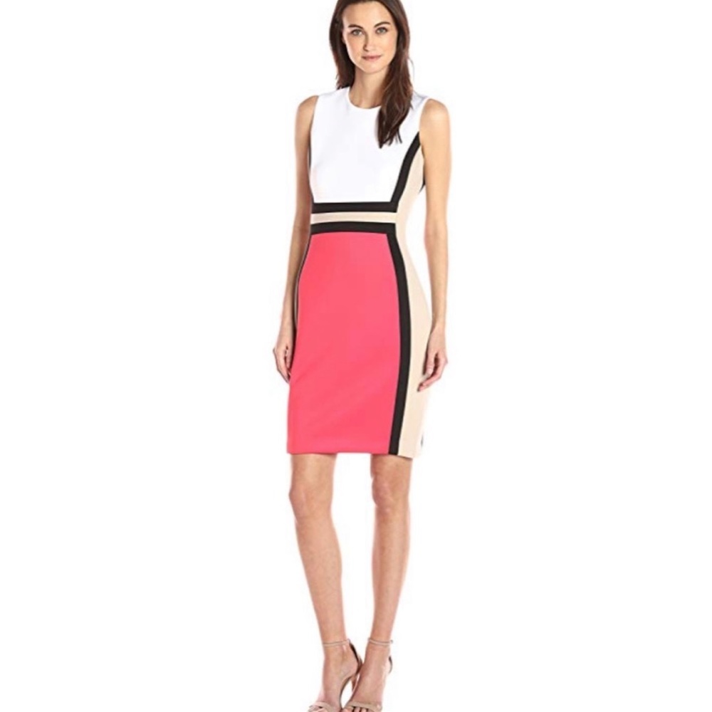 Calvin Klein Colorblock Sleeveless Sheath Dress Coral Beige Black White sz 4